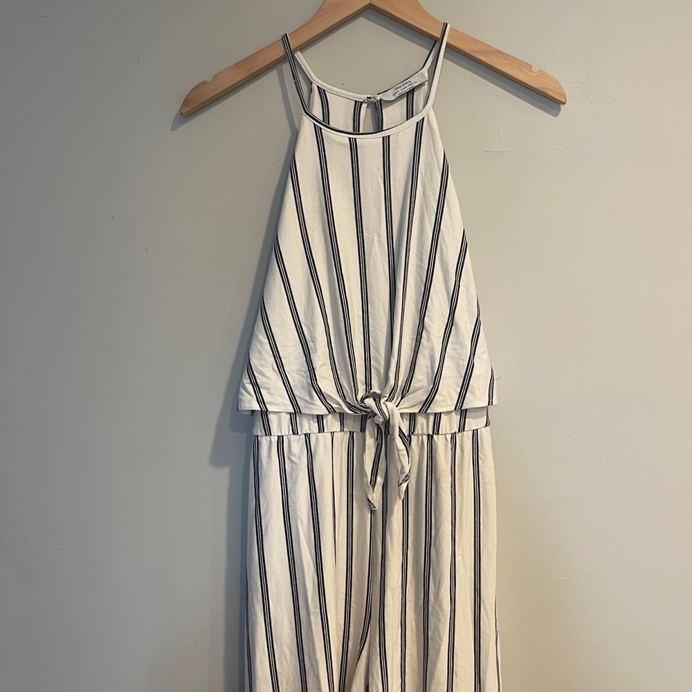Bershka Cream and Black Striped Sleeveless Romper